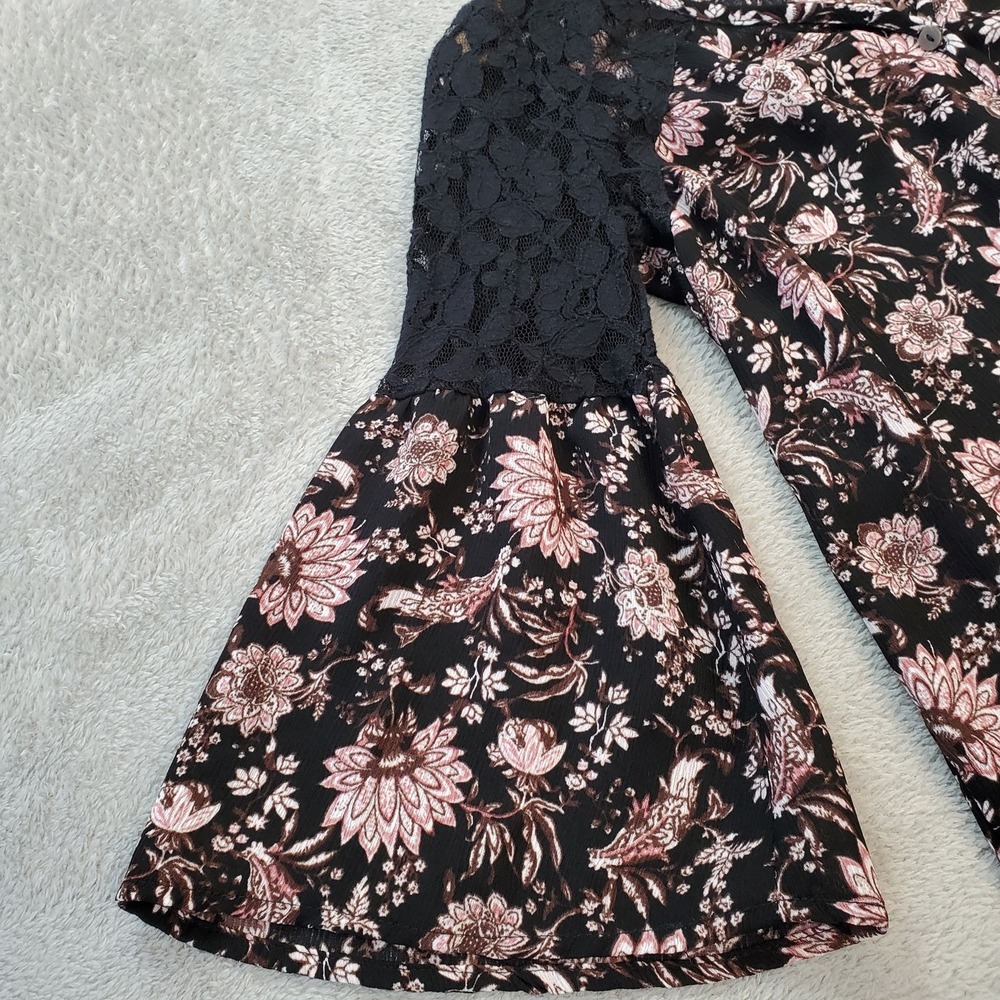Knox Rose Floral‎ Boho Peasant Blouse XS Black Pink Bell Sleeve Top - Picture 5 of 9